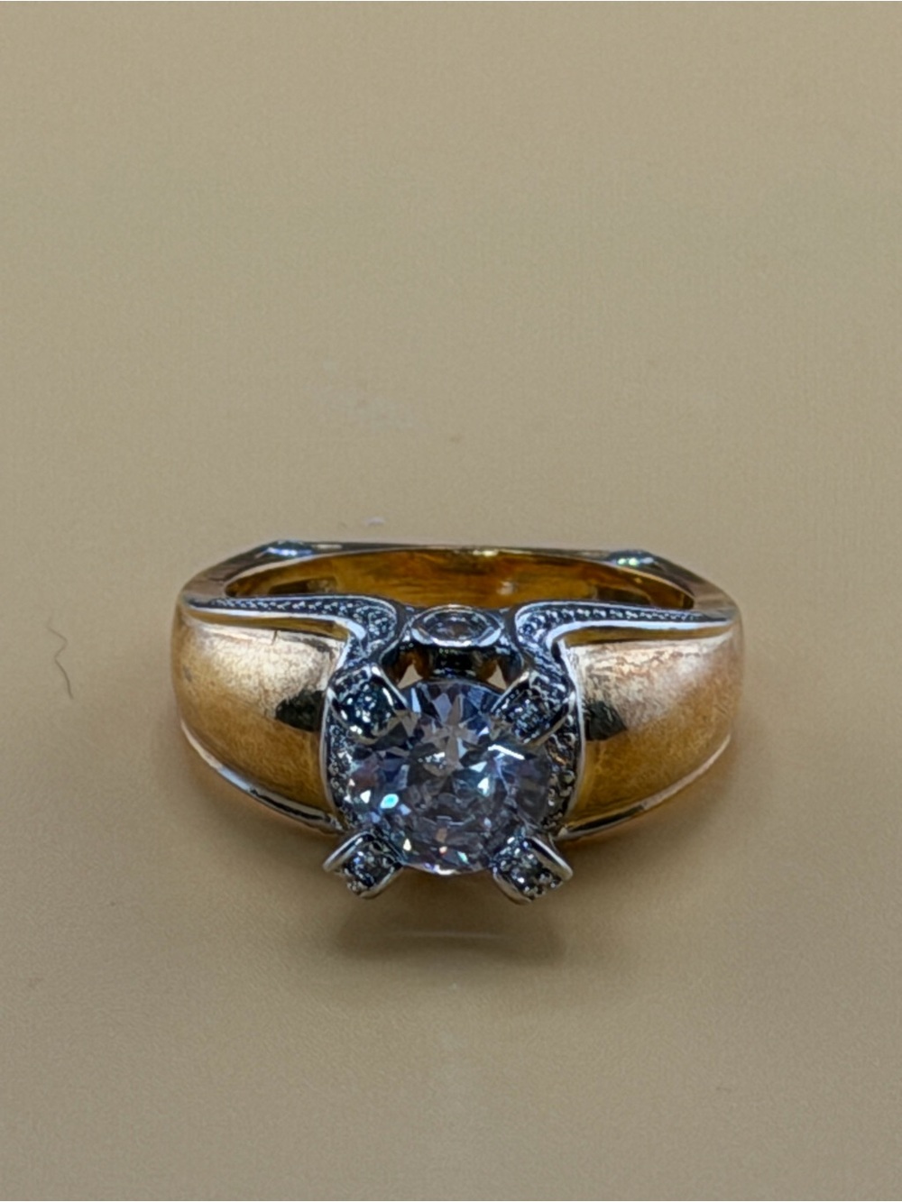 Gold Plated Silver Two-Tone Solitaire Wedding Ring Cubic  Zirconia 8.5 size NWT